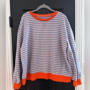 Women's Striped Sweatshirt - Peach and Blue Stripes w/Orange Collar & Bands